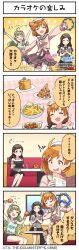 4koma absurdres brown_eyes brown_hair closed_eyes comic food french_fries green_hair hairband hat highres idolmaster idolmaster_million_live! idolmaster_million_live!_theater_days instrument japanese_text kitazawa_shiho maracas microphone official_art open_mouth orange_hair private_dress_(idolmaster_million_live!) shimabara_elena short_shorts shorts skirt thighhighs translation_request yabuki_kana yellow_eyes