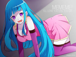 Rule 34 | 1girl, blue hair, blush, character name, crawling, deviantart, dress, drooling, elbow gloves, english text, female focus, gloves, irask, long hair, me!me!me!, meme (me!me!me!), pink dress, purple eyes, purple gloves, purple thighhighs, sleeveless, sleeveless dress, solo, text focus, thighhighs