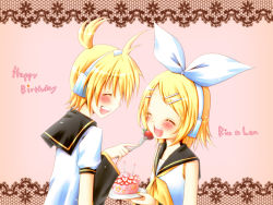 Rule 34 | 1boy, 1girl, blonde hair, brother and sister, cake, closed eyes, food, fruit, hair ornament, hairclip, happy birthday, headphones, highres, kagamine len, kagamine rin, meiya neon, open mouth, siblings, strawberry, vocaloid