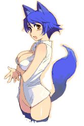 Rule 34 | 1girl, animal ears, blue hair, blue thighhighs, blush, breasts, brown eyes, highres, kusanagi tonbo, large breasts, nipple slip, nipples, no panties, oekaki, open clothes, open shirt, original, shirt, short hair, simple background, solo, tail, thighhighs, white background