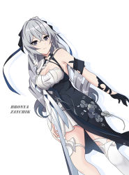 Rule 34 | 1girl, armpits, asymmetrical clothes, breasts, bronya zaychik, bronya zaychik (silverwing: n-ex), character name, cleavage, cross, cross earrings, dress, earrings, grey eyes, highres, honkai (series), honkai impact 3rd, jewelry, maxwelzy, medium breasts, aged up, silver hair, simple background, single thighhigh, solo, thighhighs, two-tone dress, white background, white thighhighs