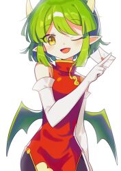 Rule 34 | 1girl, absurdres, black pants, blush, breasts, brown eyes, china dress, chinese clothes, draco centauros, dragon girl, dragon horns, dragon wings, dress, elbow gloves, fang, gloves, green hair, highres, holding, holding letter, horns, letter, looking at viewer, medium breasts, offbeat, one eye closed, open mouth, pants, pointy ears, puyopuyo, red dress, simple background, sleeveless, sleeveless dress, smile, solo, white background, white gloves, wings