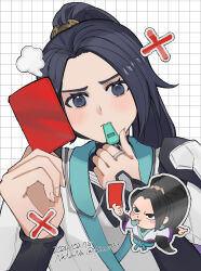 Rule 34 | 1girl, angry, animification, artist name, black hair, blowing whistle, blush, card, chibi, chibi inset, dated, grey robe, head tilt, highres, holding, holding card, holding whistle, long hair, looking at viewer, nanana (syoki0916), parted bangs, pointing, ponytail, portrait, red card, robe, sage (valorant), solo focus, v-shaped eyebrows, valorant, whistle
