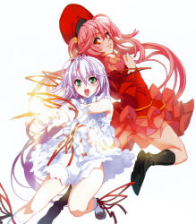 Rule 34 | 00s, 2girls, absurdres, al azif, another blood, back-to-back, demonbane, dress, frills, green eyes, hair ribbon, hat, highres, light purple hair, long hair, multiple girls, nishii (damnedrive), official art, open mouth, pink hair, red eyes, ribbon, simple background, skirt, wrist cuffs