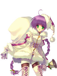 Rule 34 | 1girl, ahoge, aoi yuuji, bell, boots, braid, christmas, cross, cross-laced footwear, gloves, greek cross, green eyes, hair ornament, holly, holly hair ornament, lace-up boots, long hair, pantyhose, purple hair, sack, santa costume, shorts, simple background, solo, thigh boots, thighhighs, very long hair, white background, white gloves