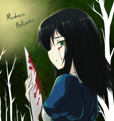 Rule 34 | 1girl, alice: madness returns, alice (alice in wonderland), alice in wonderland, alice liddell (american mcgee&#039;s alice), american mcgee&#039;s alice, black hair, blood, bloody tears, butter-t, green eyes, knife, long hair, looking at viewer, solo, weapon