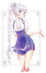 Rule 34 | 1girl, :/, alternate costume, apron, blue apron, blue eyes, blue skirt, blush, braid, braided ponytail, closed mouth, cropped legs, earrings, frilled shirt, frills, hair ornament, highres, iesupa, jewelry, long hair, open hand, puffy short sleeves, puffy sleeves, rwby, shirt, short sleeves, side ponytail, skirt, snowflake ornament, solo, thighs, tiara, very long hair, weiss schnee, white shirt