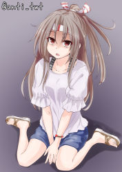 Rule 34 | 10s, 1girl, alternate costume, anti (untea9), between legs, bracelet, brown eyes, brown hair, casual, contemporary, gradient background, hachimaki, hand between legs, headband, high ponytail, highres, jewelry, kantai collection, long hair, looking at viewer, open mouth, ponytail, sandals, shaded face, shorts, simple background, sitting, solo, twitter username, v arms, wariza, zuihou (kancolle)