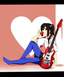 Rule 34 | 1girl, black hair, blue pantyhose, brown eyes, food, fruit, guitar, hair bobbles, hair ornament, highres, holding, holding food, holding fruit, iga tamaki, instrument, k-on!, latex, letterboxed, listen!!, long hair, nakano azusa, pantyhose, side ponytail, solo, strawberry