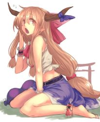 Rule 34 | 2girls, angry, bare shoulders, barefoot, blue skirt, blush stickers, bow, brown eyes, brown hair, crop top, detached sleeves, giant, giantess, gourd, hair between eyes, hair bow, hakurei reimu, horn ornament, horn ribbon, horns, ibuki suika, japanese clothes, long hair, looking at another, low-tied long hair, miko, multiple girls, open mouth, pointy ears, ribbon, shirt, sidelocks, sitting, size difference, skirt, sleeveless, sleeveless shirt, torii, touhou, utopia, very long hair, wariza, wrist cuffs, yawning