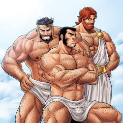 Rule 34 | 3boys, abs, ancient greek clothes, arm hair, back hair, bara, bulge, character request, chest hair, crossed arms, greco-roman clothes, hairy, hand hair, hand on another&#039;s shoulder, highres, knuckle hair, large pectorals, leg hair, male focus, marvel, mature male, multiple boys, muscular, muscular male, mutton chops, navel, navel hair, nipples, pectorals, short hair, sideburns, stomach, strongman waist, thick eyebrows, thick thighs, thighs, topless male, zelo-lee
