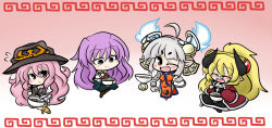 Rule 34 | 4girls, :3, ^ ^, ahoge, bell, blonde hair, blush, bowl, braid, chinese clothes, chopsticks, cloak, closed eyes, cross, closed eyes, fang, food, glasses, grey hair, hair ornament, hair ribbon, highres, horns, jingle bell, kamaboko, long hair, meandros, multiple girls, narutomaki, noodles, one eye closed, open mouth, pink eyes, pink hair, pipipi, pixiv fantasia, pixiv fantasia wizard and knight, pointy ears, ponytail, purple hair, ramen, red eyes, ribbon, sitting, sleeves past wrists, smile, tail, wink, yanagi (nurikoboshi), yellow eyes