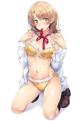 Rule 34 | 1girl, black socks, blush, bra, breasts, brown hair, cleavage, full body, hands up, highres, isshiki iroha, kneeling, loafers, long sleeves, looking at viewer, medium breasts, medium hair, mouth hold, nagayori, no pants, off shoulder, open clothes, open shirt, panties, plaid, plaid bra, plaid panties, ribbon, ribbon in mouth, shoes, simple background, smile, socks, solo, underwear, white background, yahari ore no seishun lovecome wa machigatteiru., yellow bra, yellow eyes, yellow panties
