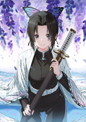 Rule 34 | 1girl, belt, black hair, blue nails, breasts, bug, butterfly, butterfly hair ornament, commentary request, hair ornament, haori, highres, insect, japanese clothes, katana, kimetsu no yaiba, kochou shinobu, long sleeves, looking at viewer, nail polish, parted bangs, purple eyes, purple hair, short hair, smile, solo, sword, uniform, weapon, white belt, zhanzheng zi