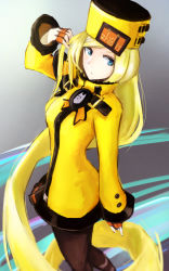 Rule 34 | 1girl, bad id, bad pixiv id, belt, blonde hair, blue eyes, brown pantyhose, dress, fingerless gloves, fur hat, gloves, gradient background, guilty gear, guilty gear xrd, hand in own hair, hat, holding, holding hair, long hair, long sleeves, millia rage, pantyhose, solo, ushanka, very long hair, weasel (close-to-the-edge), white gloves, yellow dress