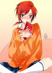 Rule 34 | 10s, 1girl, artist self-insert, blush, grabbing another&#039;s breast, breasts, cardigan, fictional persona, grabbing, hair ornament, hairclip, hino akane (smile precure!), indian style, crossed legs, looking at viewer, medium breasts, mouth hold, nipple slip, nipples, open cardigan, open clothes, orange shirt, ponytail, precure, red eyes, red hair, shirt, short hair, sitting, smile precure!, solo, tima, undressing