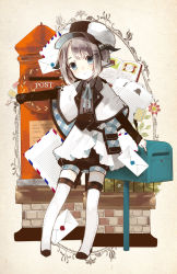 Rule 34 | 1girl, animal ears, belt pouch, blue eyes, book, capelet, commentary request, ears down, english text, envelope, full body, grey hair, hair ornament, hairclip, hat, highres, horns, jacket, long sleeves, looking at viewer, mailbox, mailman, neck ribbon, open book, original, outstretched arm, plaid, postage stamp, postbox, pouch, ribbon, shoes, short hair, shorts, shorts under skirt, skirt, smile, solo, tareme, thighhighs, white thighhighs, x hair ornament, yuzuyomogi