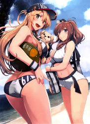 Rule 34 | 2girls, :d, absurdres, ass, bag, baseball cap, beach, bikini, blonde hair, blue eyes, bracelet, breasts, brown hair, butt crack, cleavage, cloud, cloudy sky, day, dog, dutch angle, hair between eyes, hat, highres, iowa (kancolle), jewelry, kantai collection, large breasts, long hair, looking at viewer, looking back, multiple girls, navel, open mouth, outdoors, ponytail, saratoga (kancolle), scan, shizuma yoshinori, shoulder bag, sidelocks, sky, smile, star-shaped pupils, star (symbol), swimsuit, symbol-shaped pupils, white bikini, wristband