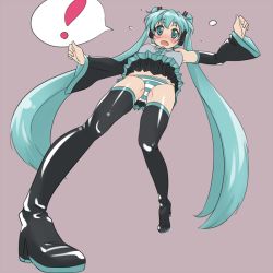Rule 34 | 1girl, blush, boots, detached sleeves, green eyes, green hair, haruhisky, hatsune miku, headphones, long hair, matching hair/eyes, necktie, open mouth, panties, pantyshot, simple background, skirt, solo, striped clothes, striped panties, thigh boots, thighhighs, twintails, underwear, upskirt, very long hair, vocaloid