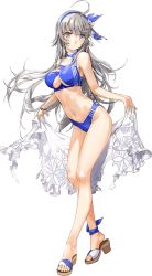 Rule 34 | 1girl, ahoge, armlet, blue hairband, blue one-piece swimsuit, blush, breasts, flower, grey eyes, grey hair, hair between eyes, hairband, hat, kantai collection, large breasts, long hair, navel, official alternate costume, official art, one-piece swimsuit, sarong, see-through, see-through sarong, shirt, solo, stomach, straw hat, sun hat, swimsuit, tied shirt, torn clothes, torn sarong, transparent background, washington (kancolle), washington kai (kancolle), white shirt, zeco