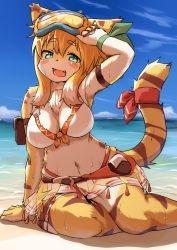Rule 34 | 1girl, animal ears, arm strap, arm support, arm up, armpits, backlighting, bare shoulders, beach, belt, bikini, bikini skirt, blonde hair, blue-framed eyewear, blue sky, blush, blush stickers, body fur, breasts, brown fur, claws, cleavage, cloud, day, eyewear on head, fang, female focus, front-tie bikini top, front-tie top, furry, furry female, goggles, goggles on head, green eyes, green ribbon, half-closed eyes, happy, highres, horizon, kagarimachi konatsu, large breasts, leaning to the side, looking at viewer, medium hair, mia (world flipper), multicolored hair, navel, ocean, on ground, open mouth, outdoors, pouch, red ribbon, ribbon, sand, see-through, sidelocks, sitting, sky, smile, solo, stomach, swimsuit, tail, tail ornament, tail ribbon, thick thighs, thigh strap, thighs, tiger ears, tiger girl, tiger tail, two-tone hair, water, wet, white bikini, white fur, white hair, wide hips, world flipper, wrist ribbon, yellow fur, yokozuwari