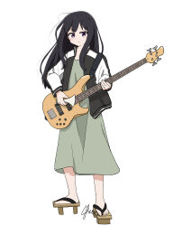 Rule 34 | 1girl, absurdres, black hair, black jacket, bocchi the rock!, chiochiiii, commentary, cosplay, dress, full body, geta, green dress, highres, hiroi kikuri, hiroi kikuri (cosplay), inoue takina, jacket, long hair, long sleeves, lycoris recoil, open clothes, open jacket, playing guitar, purple eyes, sidelocks, signature, simple background, solo, standing, white background