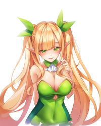 Rule 34 | 1girl, am1m, arm behind back, bare shoulders, blonde hair, blush, breasts, cleavage, covered navel, detached collar, dress, elf, green dress, green eyes, hair ribbon, hand up, highres, large breasts, long hair, looking at viewer, open mouth, pointy ears, ribbon, sennen sensou aigis, simple background, solo, spica (sennen sensou aigis), strapless, strapless dress, twintails, upper body, very long hair, white background