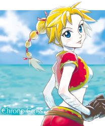 Rule 34 | 1girl, bandages, blonde hair, blouse, blue eyes, blurry, breasts, caustics, chrono cross, colored skin, copyright name, depth of field, facial mark, from side, gloves, high ponytail, highres, kid (chrono cross), letterboxed, long hair, looking at viewer, marimo ill, marimoriah, midriff, multi-tied hair, outside border, ponytail, shirt, skirt, solo, vest, white shirt, white skin