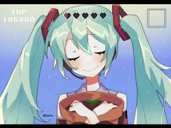 Rule 34 | 1girl, 2funma2, aqua hair, bare shoulders, blush, closed eyes, commentary, detached sleeves, flower pot, gradient background, grey shirt, hatsune miku, heads-up display, headset, health bar, hello planet (vocaloid), highres, holding, holding flower pot, hugging object, long hair, plant, potted plant, score, shirt, single tear, smile, solo, sprout, twintails, user interface, vocaloid
