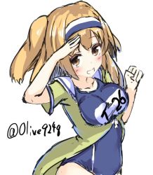Rule 34 | 10s, 1girl, :d, breasts, brown eyes, hairband, i-26 (kancolle), kantai collection, large breasts, light brown hair, long hair, looking at viewer, new school swimsuit, olive (laai), one-piece swimsuit, open mouth, sailor collar, salute, school swimsuit, short sleeves, sketch, smile, solo, swimsuit, swimsuit under clothes, twitter username, two-tone hairband, two side up, white background