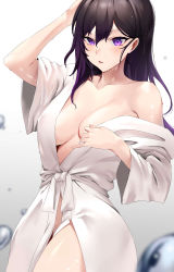 Rule 34 | 1girl, absurdres, arm up, bathrobe, blurry, blush, breasts, breasts apart, collarbone, commentary, commission, cowboy shot, depth of field, hair between eyes, highres, long hair, looking at viewer, medium breasts, naked robe, off shoulder, open mouth, original, pixiv commission, ponytail, purple eyes, purple hair, robe, rororo, solo, standing, wet, wet hair, white robe