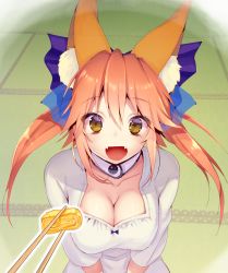 Rule 34 | 10s, 1girl, animal ears, bad id, bad pixiv id, breasts, chop sticks, cleavage, collarbone, detached collar, eyebrows, fangs, fate/extra, fate/extra ccc, fate (series), food, fox ears, hair between eyes, large breasts, looking at viewer, mogullaz, official alternate costume, omelet, open mouth, outline, pink hair, solo, tamamo (fate), tamamo no mae (fate/extra), yellow eyes