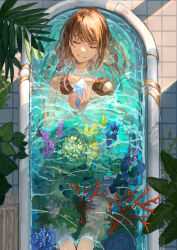 Rule 34 | 1girl, bathing, bathtub, brown hair, closed eyes, closed mouth, collarbone, coral, hair spread out, hands up, highres, holding crystal, kasumi yuzuha, leaf, long hair, lying, on back, original, ripples, smile, solo, tile floor, tiles, water