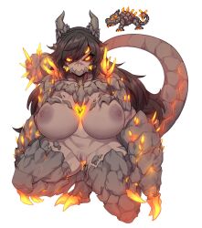 Rule 34 | 1girl, animal, armor, black hair, black sclera, breasts, breasts apart, claws, colored sclera, colored skin, commentary, drakomire, english commentary, extra eyes, full body, glowing, glowing eyes, grey skin, hair between eyes, highres, horns, huge breasts, long hair, looking at viewer, monster girl, navel, nipples, nyong nyong, orange eyes, personification, pixel art, pussy, pussy juice, reference inset, scales, scar, scar on face, scar on nose, simple background, squatting, tail, terraria, uncensored, very long hair, white background