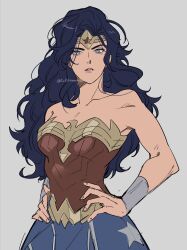 1girl bare_shoulders black_hair blue_eyes bracer breasts dc_comics earrings hands_on_own_hips highres hokkemaruyaki jewelry leotard long_hair looking_at_viewer simple_background solo superhero_costume wonder_woman wonder_woman_(series)