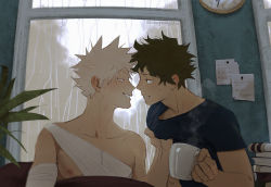 Rule 34 | 2boys, artist name, bakugou katsuki, bandaged arm, bandages, black shirt, boku no hero academia, book, book stack, clock, collarbone, cup, freckles, grin, highres, holding, holding cup, indoors, looking at another, male focus, midoriya izuku, multiple boys, nipples, paper, plant, potted plant, rain, red eyes, shirt, short hair, short sleeves, smile, spiked hair, sweat, teeth, upper body, wengwengchim, window, yaoi