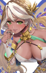 Rule 34 | 1girl, andromeda (fate), andromeda (first ascension) (fate), blonde hair, braid, breasts, cleavage, crown braid, dark-skinned female, dark skin, fate/grand order, fate (series), green eyes, highres, large breasts, long hair, low twintails, pon-de-c2, scratching cheek, twintails