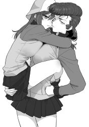 Rule 34 | 2girls, absurdres, arms around neck, breast press, breasts, bucket hat, closed mouth, commentary request, expressionless, girls und panzer, greyscale, hand on own hip, hat, highres, hug, jacket, katsuoboshi, large breasts, leg lock, lifting person, long hair, long sleeves, looking at viewer, mika (girls und panzer), monochrome, multiple girls, pleated skirt, pompadour, simple background, skirt, track jacket, white background, yuri, yuri (girls und panzer)