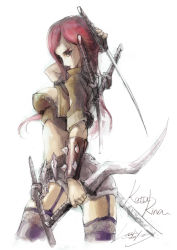 Rule 34 | 1girl, blade, breasts, character name, dated, garter belt, green eyes, highres, katana, katarina (league of legends), knife, league of legends, loiza, long hair, red hair, scar, short shorts, shorts, signature, simple background, solo, sword, very long hair, weapon, white background