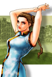 Rule 34 | 1girl, arms up, braid, breasts, brown eyes, brown hair, bure bure (psyblade), chinese clothes, double bun, doughnut hair bun, hair bun, lips, long hair, nose, pai chan, smile, solo, twin braids, virtua fighter