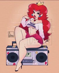 Rule 34 | 1girl, alternate costume, alternate hair color, black eyes, black footwear, boombox, breasts, brown background, cleavage, collarbone, commentary, cresscin, crown, earrings, english commentary, hair behind ear, hand on own shoulder, heart, high heels, highres, jewelry, large breasts, mario (series), milli vanilli, necklace, nintendo, off shoulder, parted lips, pink shirt, princess peach, red lips, shirt, sitting, smile, solo, sphere earrings, star (symbol), sticker, the adventures of super mario bros. 3, underboob, watermark
