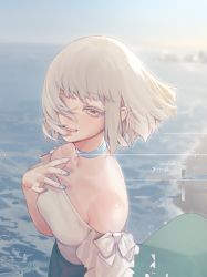 Rule 34 | 1girl, absurdres, albino, bad id, bad pixiv id, bare shoulders, beach, black choker, blue nails, blue sky, blurry, bow, breasts, choker, cleavage, colored eyelashes, day, depth of field, dress, floating hair, from above, from side, glint, glitch, green dress, hand on own chest, hand up, head tilt, highres, long dress, looking at viewer, looking to the side, nail art, nail polish, ocean, off-shoulder dress, off shoulder, ohisashiburi, open mouth, original, outdoors, pink eyes, short hair, sky, small breasts, smile, solo, standing, white bow, white dress, white hair, white nails, wind