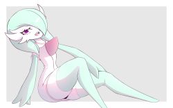 Rule 34 | 1girl, absurdres, alternate color, alternate eye color, aqua hair, aqua skin, aqua thighhighs, black panties, bob cut, border, collared dress, colored skin, creatures (company), dress, fancyplanks, female focus, flat chest, full body, game freak, gardevoir, gen 3 pokemon, grey background, hair over one eye, half-closed eyes, hand on own knee, happy, highres, knee up, leaning back, looking at viewer, medium hair, multicolored skin, nintendo, one eye covered, open mouth, outside border, panties, pokemon, pokemon (creature), purple eyes, shiny pokemon, short dress, short sleeves, simple background, sitting, skindentation, smile, solo, teeth, thighhighs, two-tone skin, underwear, white border, white dress, white skin