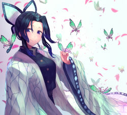 Rule 34 | 1girl, black hair, blue eyes, breasts, bug, butterfly, butterfly hair ornament, commentary request, hair ornament, highres, hiiragi mikoto, insect, japanese clothes, kimetsu no yaiba, kochou shinobu, large breasts, leaf, looking at viewer, parted bangs, purple eyes, solo, wide sleeves