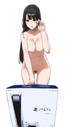 Rule 34 | 1girl, :d, absurdres, bad id, bad pixiv id, black hair, blush, box, breasts, cleavage, completely nude, earrings, female pubic hair, fffukuzawa, game console, highres, inverted nipples, jewelry, long hair, looking at viewer, navel, nude, open mouth, original, playstation 5, pubic hair, red eyes, simple background, smile, solo, white background