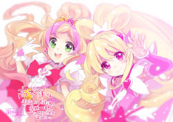 Rule 34 | 2girls, :d, aida mana, blonde hair, blush, bow, brooch, choker, cure flora, cure heart, dokidoki! precure, earrings, edoya pochi, gloves, go! princess precure, green eyes, hair ornament, half gloves, half updo, haruno haruka, heart, heart brooch, jewelry, long hair, magical girl, multicolored hair, multiple girls, open mouth, pink bow, pink eyes, pink hair, ponytail, precure, simple background, smile, streaked hair, text focus, tiara, translation request, twitter username, two-tone hair, white background, white gloves