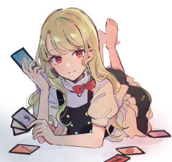 Rule 34 | 100th black market, 1girl, ability card (touhou), barefoot, black skirt, black vest, blonde hair, buttons, card, closed mouth, feet up, highres, holding, holding card, kirisame marisa, long hair, looking at viewer, lying, mozukuzu (manukedori), multicolored buttons, no headwear, on stomach, puffy short sleeves, puffy sleeves, red eyes, shirt, short sleeves, skirt, smile, solo, the pose, touhou, vest, white shirt