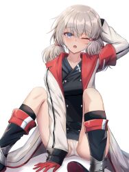 Rule 34 | 1girl, arm behind head, arm up, azur lane, between legs, black dress, black footwear, blue eyes, blush, boots, breasts, commentary request, commission, denver (azur lane), dress, gloves, grey hair, habu rin, hair between eyes, hand between legs, highres, jacket, knees up, long hair, long sleeves, low twintails, medium breasts, one eye closed, open clothes, open jacket, open mouth, panties, red gloves, simple background, sitting, skeb commission, sleeves past wrists, solo, twintails, underwear, white background, white jacket, white panties