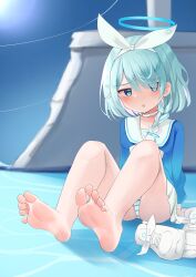 Rule 34 | 1girl, absurdres, arona (blue archive), barefoot, blue archive, blue eyes, blue hair, blush, feet, hair over one eye, hairband, halo, highres, light blue hair, looking at viewer, medium hair, panties, pantyshot, parted lips, shoes, soles, striped clothes, striped panties, toes, underwear, unworn shoes