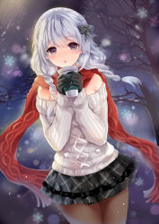 Rule 34 | 1girl, :o, bare shoulders, bare tree, black gloves, black skirt, blush, bow, braid, breath, brown pantyhose, cowboy shot, crown braid, cup, dutch angle, gloves, green bow, hair bow, holding, holding cup, lens flare, long hair, long sleeves, looking at viewer, mafuyu (kanden shoujyo), off-shoulder, off-shoulder sweater, off shoulder, open mouth, original, outdoors, pantyhose, plaid, plaid skirt, plant, red scarf, ribbed sweater, sadakofxe, scarf, skirt, snowflakes, solo, standing, starbucks, sweater, tareme, tree, twin braids, w arms, winter, yuuri (mafuyu)